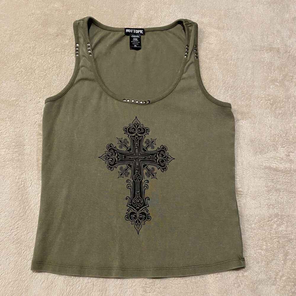 Hot Topic Womens Top XL Y2K Bling Olive Tank Cross Studded Rocker Goth Punk
